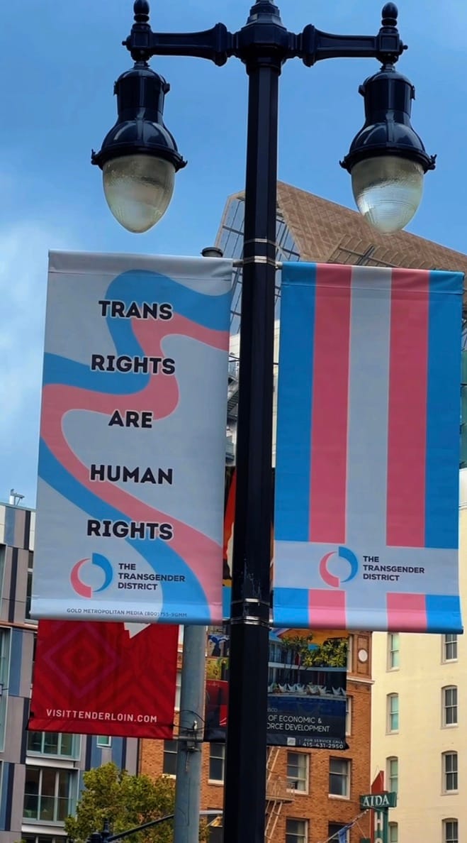 Banners reading, “TRANS RIGHTS ARE HUMAN RIGHTS.” />
<figcaption style=